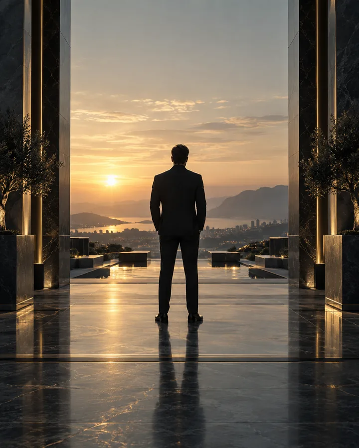 Homem diante de um horizonte, representando confiança e presença.